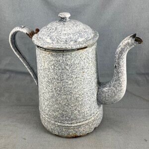 Antique Enamel Gooseneck Coffee Pot Vtg Decor 9" Light blue color MARBLED!